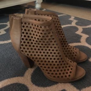 Francesca’s tan peep-toe ankle boots